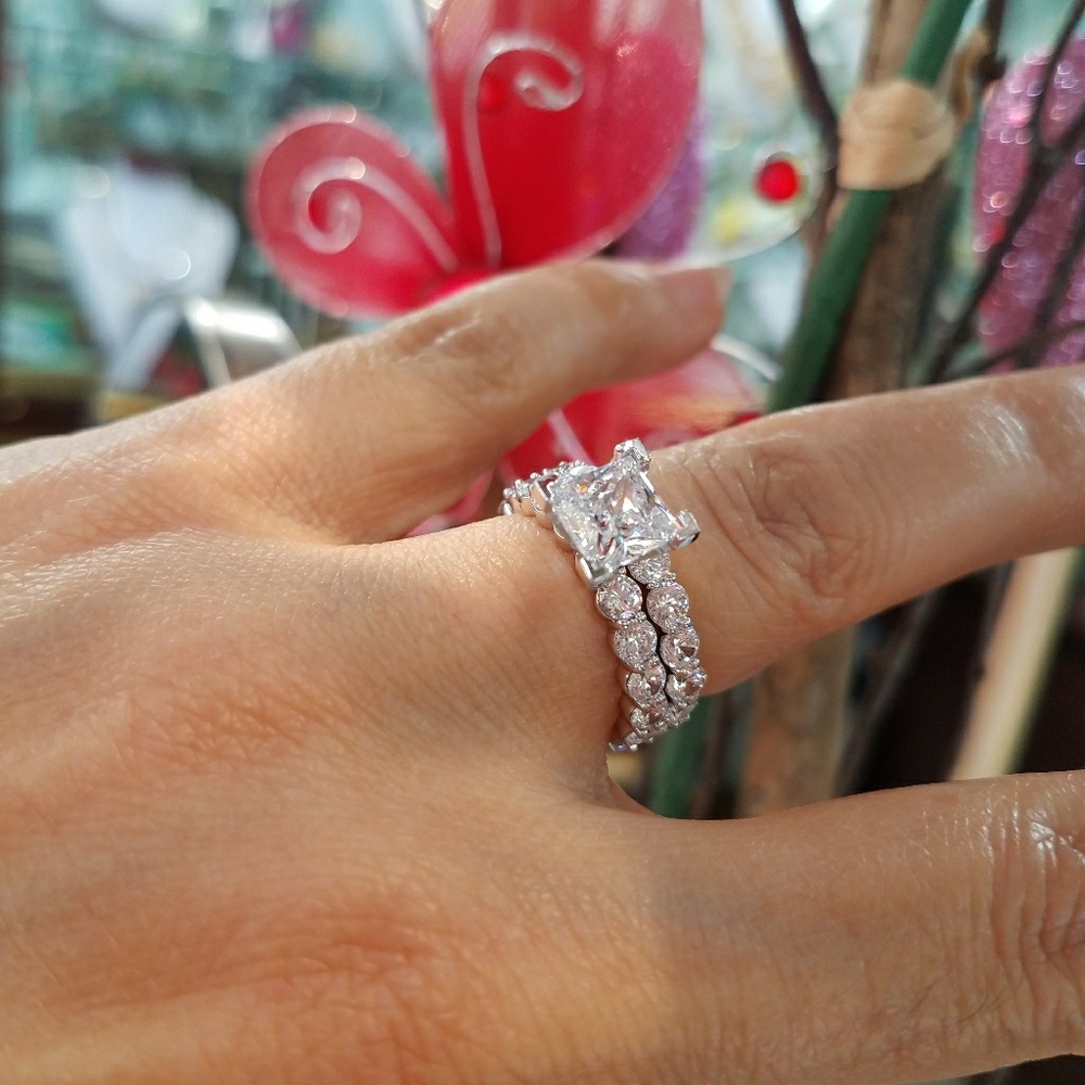 14k Solid White Gold 1.5ct Engagement Ring 2pc - Picture 10 of 16